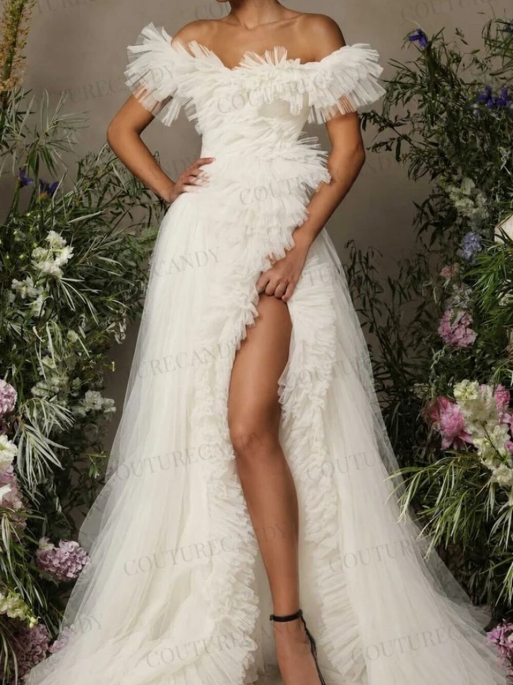 Tarik Ediz 98055 Tulle Off-Shoulder Tiered Prom Dress Ivory size 6